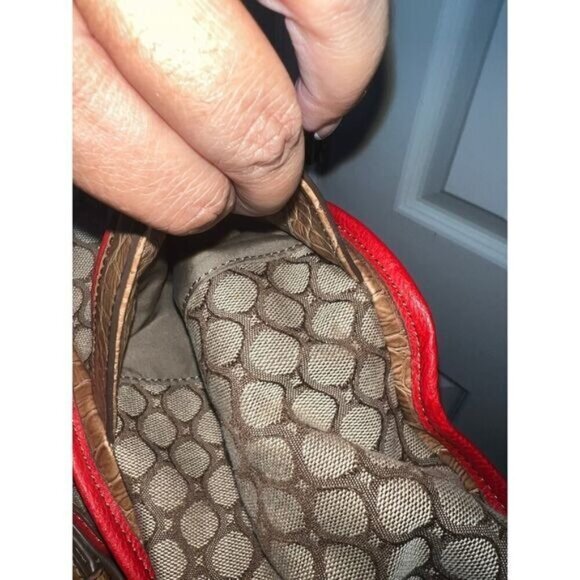 Brown & Red Circle Printed Shoulder Bag With Faux Croc Leather Straps & Padlock - Picture 8 of 12